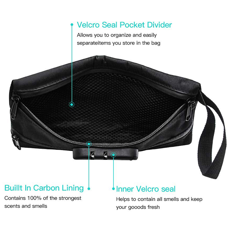 11" X 6" Carbon Lined Black Smell Proof Bag Polyester Fabric With Combo Lock